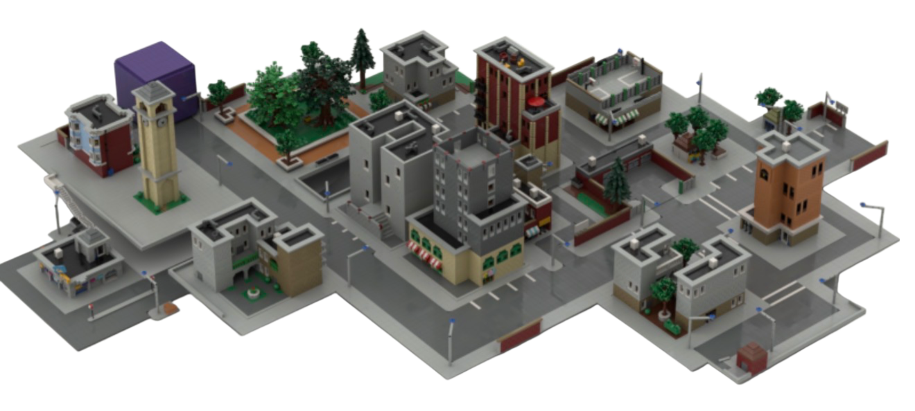 Model of a cityscape with buildings and roads on a white background